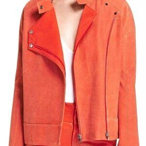 $3200 J Brand Womens Red Motorcycle Coat Asymmetric Zip‎ Leather Jacket Small S